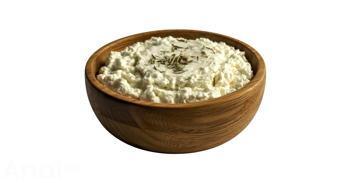 A close-up picture of ricotta cheese related to ricotta cheese nutrition facts, in white background.