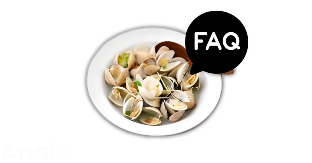 A pic of fresh clams next to a black banner for clams nutrition FAQs.