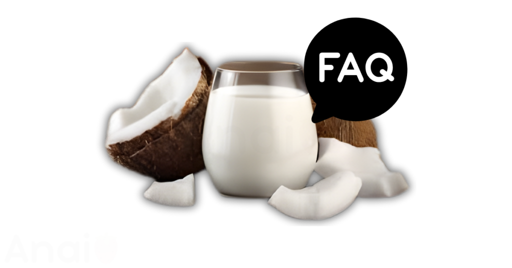 A pic of fresh coconut milk next to a black banner for coconut milk nutrition FAQs.