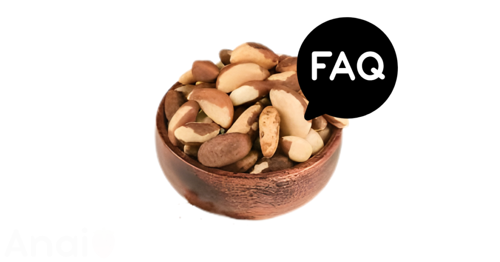 A pic of fresh brazil nuts next to a black banner for brazil nuts nutrition FAQs.