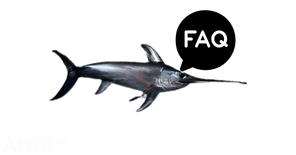 A pic of fresh swordfish next to a black banner for swordfish nutrition FAQs.